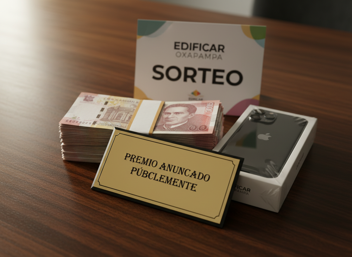 A high-detail hero image showcasing luxurious raffle prizes for an EDIFICAR OXAPAMPA campaign: a neatly stacked bundle of Peruvian banknotes, a modern smartphone still in its box, and a prominent gold-toned “Premio Anunciado Públicamente” plaque. These rest on a dark, textured wooden surface that contrasts with the shiny prize elements. A printed card in the background clearly displays the EDIFICAR OXAPAMPA name and the word “SORTEO” in bold, corporate typography. Warm, directional lighting from the upper left creates subtle highlights on metallic surfaces and soft gradients on the banknotes, enhancing a sense of value and seriousness. Photographic realism, three-quarter angle, and moderate depth of field keep all prize details sharp and visually compelling.