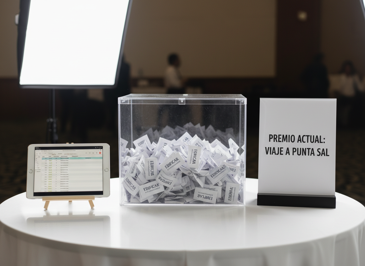 An organized raffle control station with a transparent acrylic raffle box filled with neatly folded, numbered ticket stubs branded with EDIFICAR OXAPAMPA. The box sits on a glossy white table, beside a tablet displaying a spreadsheet of digital participants and a standing placard announcing the current prize in bold typography. Overhead softbox lighting casts even, shadow-free illumination, causing subtle reflections on the acrylic surfaces and enhancing the clarity of the tickets. Photographic realism with a slightly elevated angle ensures every element appears well-ordered and verifiable. The atmosphere is clean, methodical, and professional, emphasizing the seriousness and public transparency of the prize drawings.