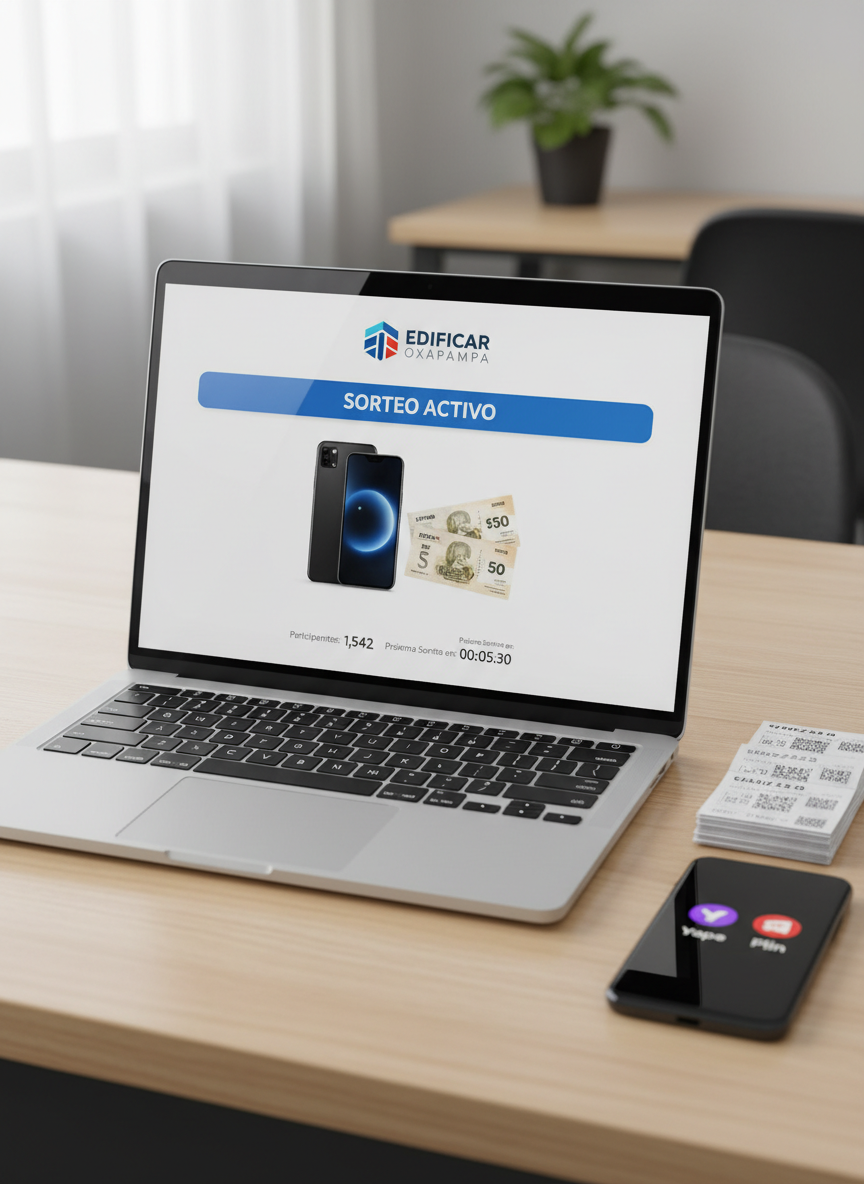A sleek, modern digital raffle dashboard displayed on a high-resolution laptop screen, showing the EDIFICAR OXAPAMPA logo, a prominent “Sorteo Activo” banner, and a large, clearly visible prize image like a new smartphone and cash vouchers. The laptop rests on a clean, light-wood desk with a neatly stacked pile of printed raffle tickets and a smartphone beside it showing Yape and Plin payment icons. Soft, diffused daylight from an unseen window creates gentle reflections on the laptop’s metallic surface, emphasizing a professional, trustworthy atmosphere. Photographic realism, eye-level composition, shallow depth of field with the screen in razor-sharp focus, and a subtly blurred, neutral office background to keep the mood organized, serious, and businesslike.