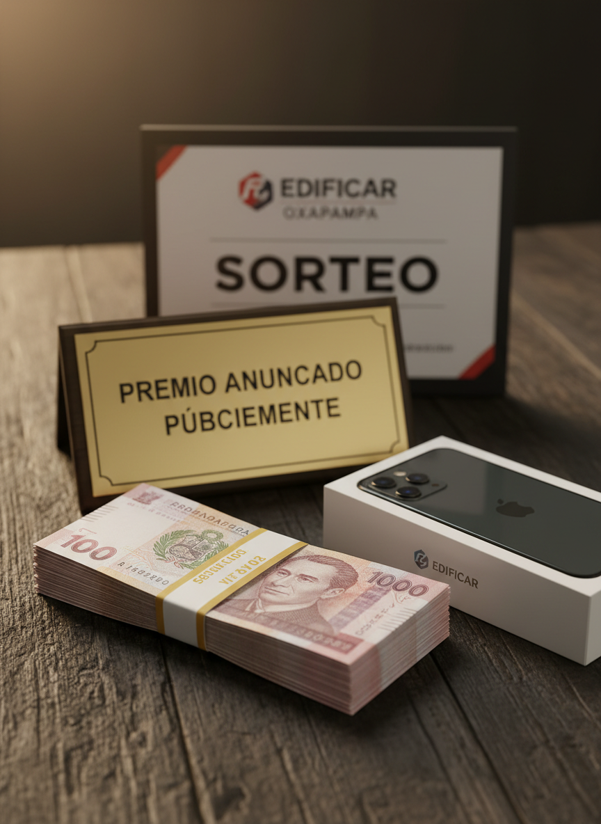A high-detail hero image showcasing luxurious raffle prizes for an EDIFICAR OXAPAMPA campaign: a neatly stacked bundle of Peruvian banknotes, a modern smartphone still in its box, and a prominent gold-toned “Premio Anunciado Públicamente” plaque. These rest on a dark, textured wooden surface that contrasts with the shiny prize elements. A printed card in the background clearly displays the EDIFICAR OXAPAMPA name and the word “SORTEO” in bold, corporate typography. Warm, directional lighting from the upper left creates subtle highlights on metallic surfaces and soft gradients on the banknotes, enhancing a sense of value and seriousness. Photographic realism, three-quarter angle, and moderate depth of field keep all prize details sharp and visually compelling.