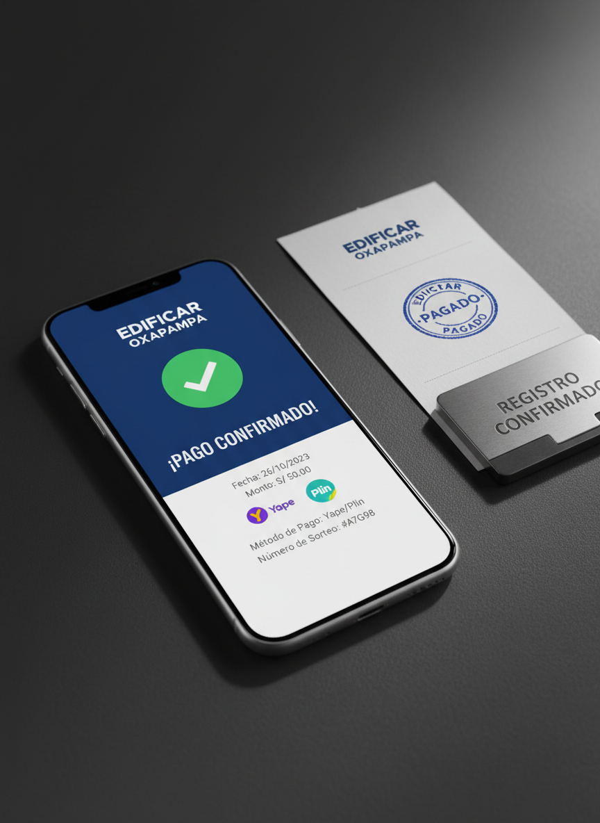 A close-up of a detailed digital receipt confirmation page on a smartphone screen, featuring the EDIFICAR OXAPAMPA branding, a green check mark of successful payment, and clear references to Yape and Plin as payment methods. The phone lies on a dark, matte desk surface next to a stamped paper receipt and a small, metallic card holder labeled “Registro Confirmado.” Cool, controlled studio lighting from the side creates crisp highlights along the phone’s edges and gentle shadows under the objects. The composition uses rule of thirds and photographic realism, with a shallow depth of field that keeps the phone screen text perfectly legible, evoking reliability, transparency, and professionalism in the raffle process.