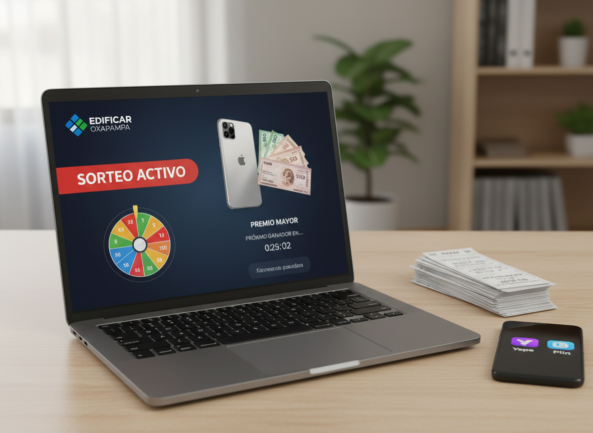 A sleek, modern digital raffle dashboard displayed on a high-resolution laptop screen, showing the EDIFICAR OXAPAMPA logo, a prominent “Sorteo Activo” banner, and a large, clearly visible prize image like a new smartphone and cash vouchers. The laptop rests on a clean, light-wood desk with a neatly stacked pile of printed raffle tickets and a smartphone beside it showing Yape and Plin payment icons. Soft, diffused daylight from an unseen window creates gentle reflections on the laptop’s metallic surface, emphasizing a professional, trustworthy atmosphere. Photographic realism, eye-level composition, shallow depth of field with the screen in razor-sharp focus, and a subtly blurred, neutral office background to keep the mood organized, serious, and businesslike.
