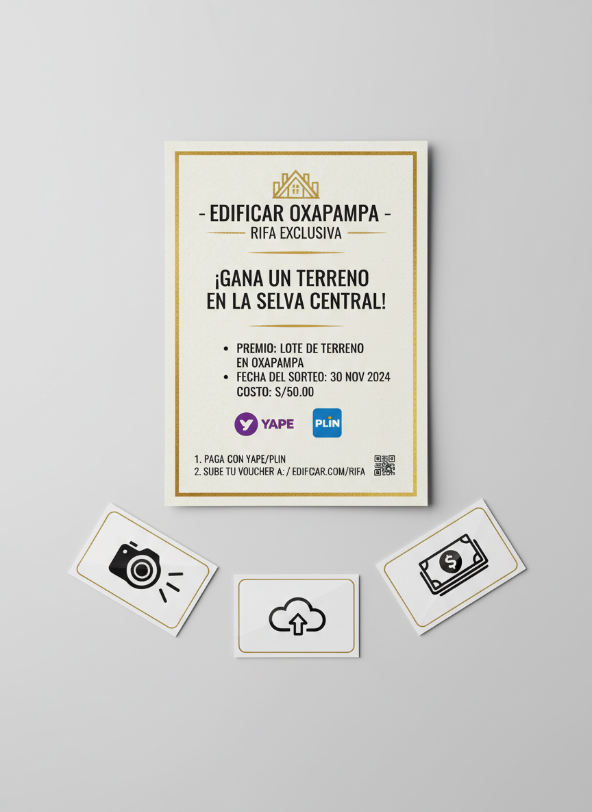 A polished promotional flat lay for an EDIFICAR OXAPAMPA raffle, featuring an elegant printed flyer that lists the prize details, draw date, and instructions to pay via Yape or Plin and upload the payment voucher. Surrounding the flyer are graphic icons of a smartphone camera, a cloud upload symbol, and stylized currency notes, all printed on separate, small, glossy cards. The items are arranged on a neutral, light-gray background. Soft, overhead studio lighting produces minimal shadows and emphasizes crisp edges and legible typography. Photographic realism with a perfectly top-down, bird’s-eye perspective and balanced composition gives a clear, instructional, yet high-end corporate mood, ideal for explaining the participation process.