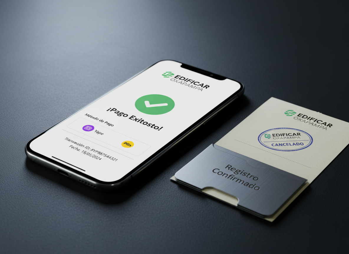 A close-up of a detailed digital receipt confirmation page on a smartphone screen, featuring the EDIFICAR OXAPAMPA branding, a green check mark of successful payment, and clear references to Yape and Plin as payment methods. The phone lies on a dark, matte desk surface next to a stamped paper receipt and a small, metallic card holder labeled “Registro Confirmado.” Cool, controlled studio lighting from the side creates crisp highlights along the phone’s edges and gentle shadows under the objects. The composition uses rule of thirds and photographic realism, with a shallow depth of field that keeps the phone screen text perfectly legible, evoking reliability, transparency, and professionalism in the raffle process.