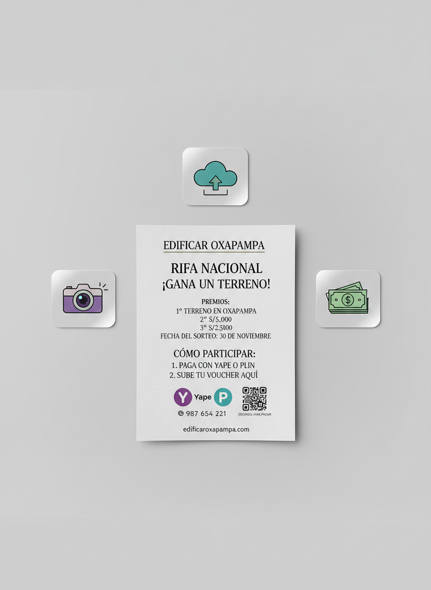 A polished promotional flat lay for an EDIFICAR OXAPAMPA raffle, featuring an elegant printed flyer that lists the prize details, draw date, and instructions to pay via Yape or Plin and upload the payment voucher. Surrounding the flyer are graphic icons of a smartphone camera, a cloud upload symbol, and stylized currency notes, all printed on separate, small, glossy cards. The items are arranged on a neutral, light-gray background. Soft, overhead studio lighting produces minimal shadows and emphasizes crisp edges and legible typography. Photographic realism with a perfectly top-down, bird’s-eye perspective and balanced composition gives a clear, instructional, yet high-end corporate mood, ideal for explaining the participation process.